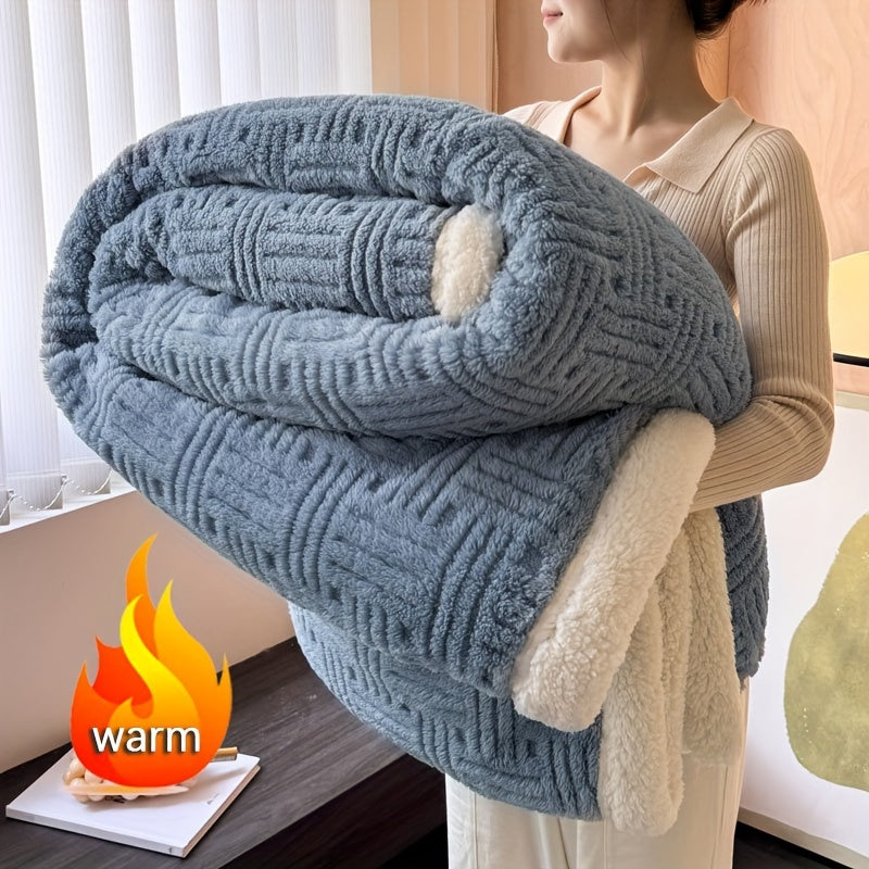 Одна современная двусторонняя вельветовая одеяло с геометрическим узором жаккард. Этот мягкий и теплый плед из шерпы идеально подходит для использования на диване, кровати или для кемпинга на открытом воздухе. Он отлично подходит для любого времени года.