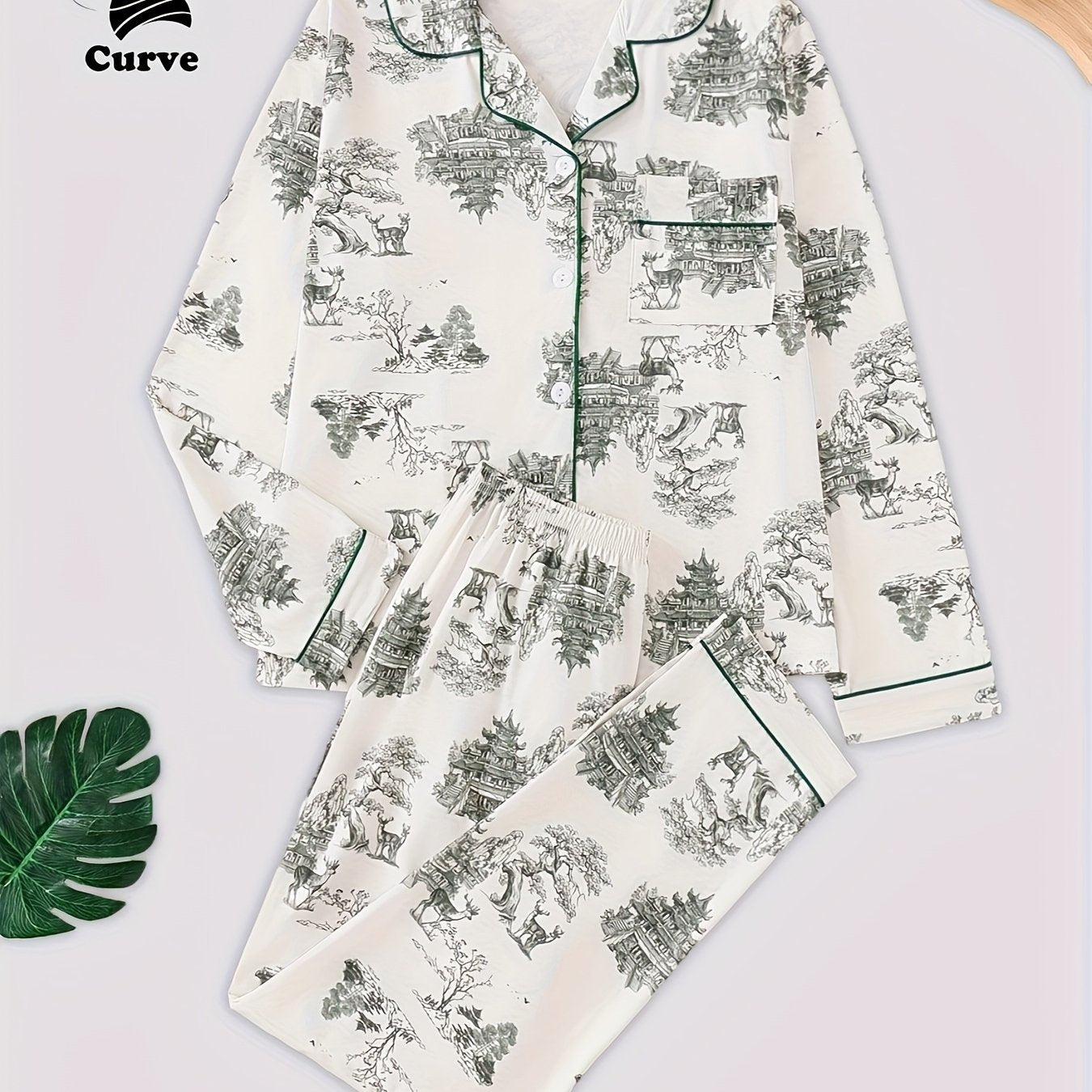 Plus Size Women's Pajama Set with Ink Painting Design Long Sleeve Button-Up Top and Cozy Pants