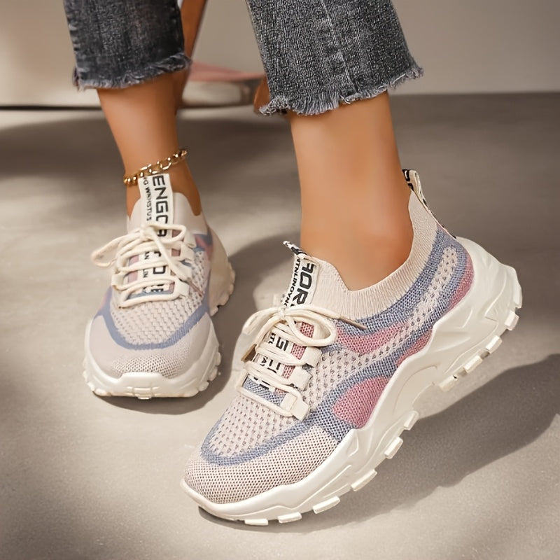Women's Knit Sneakers Color-Block Low-Top Running Shoes Lightweght Fabric