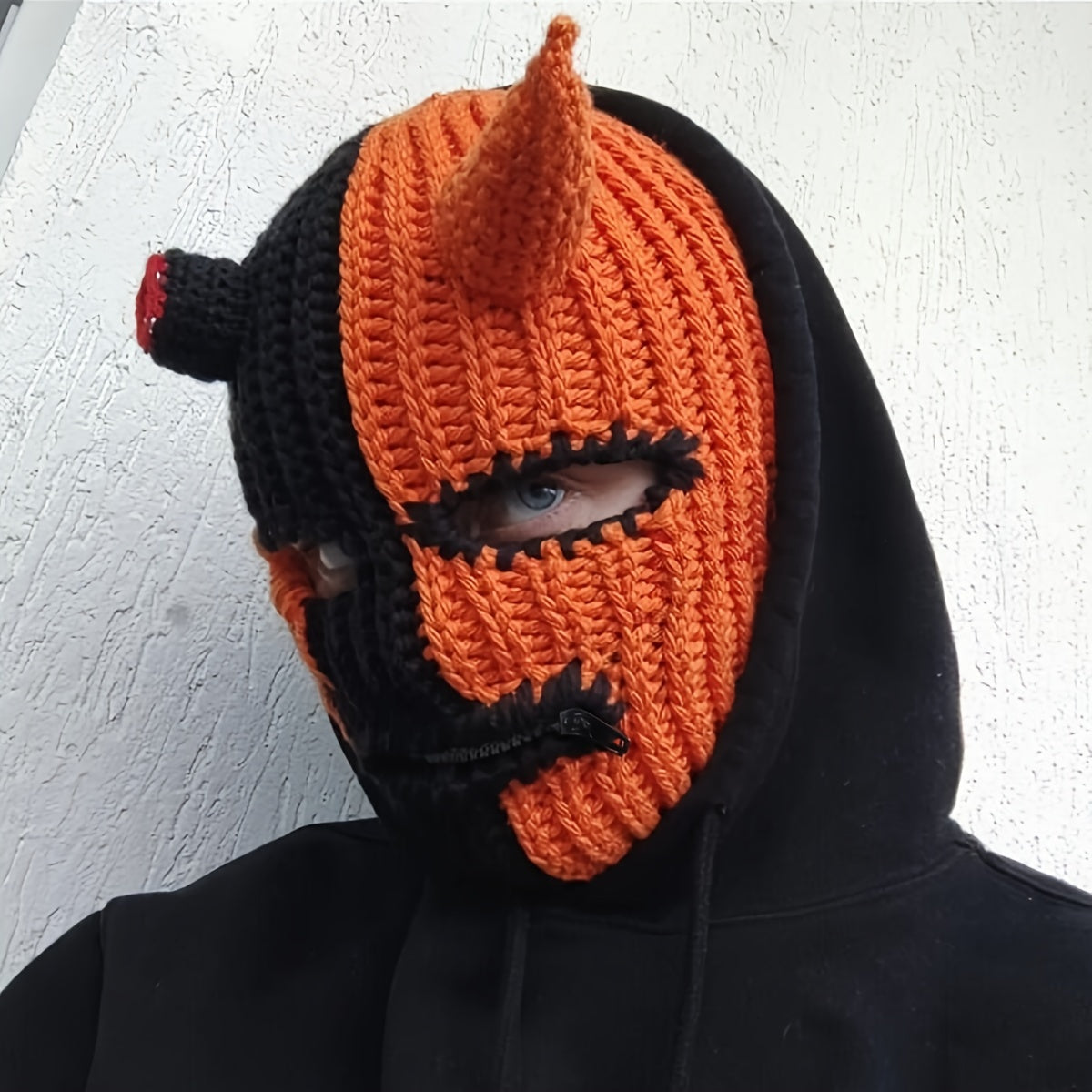 Striped Knit Balaclava with Blood Stains and Horns for Halloween and Costume Parties