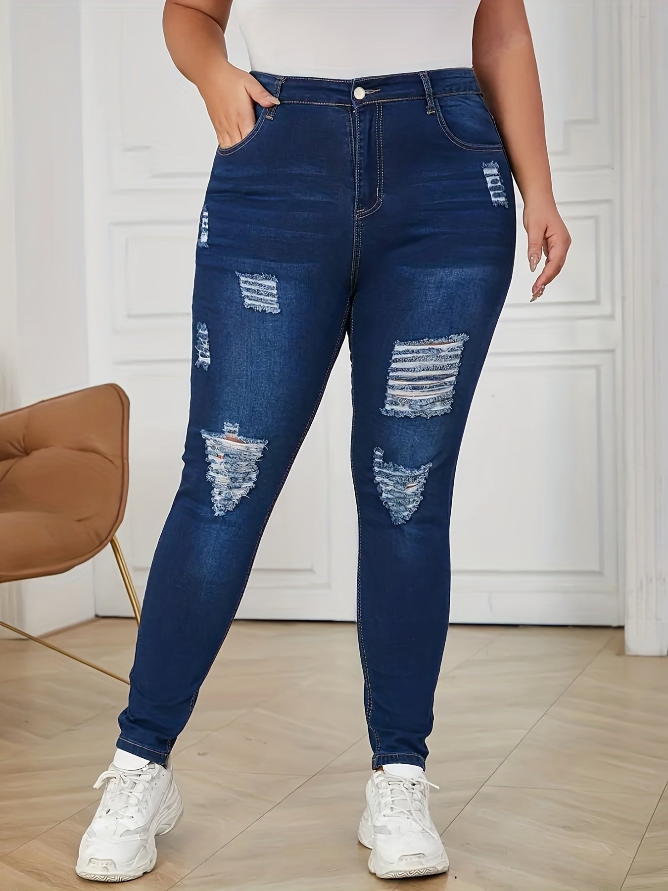 Plus Size Ripped High Rise Skinny Jeans Women Casual Stretch Denim