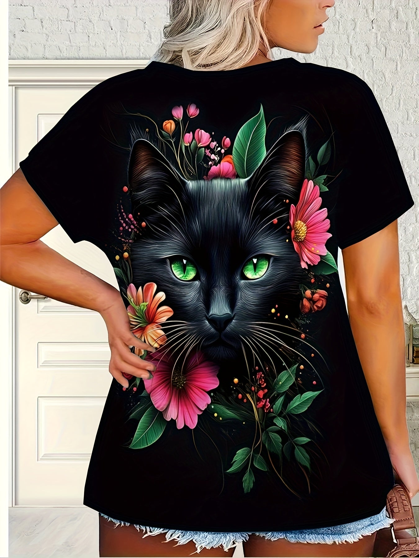 Plus Size Women's Floral Cat Print Short Sleeve T-Shirt Summer Casual Top