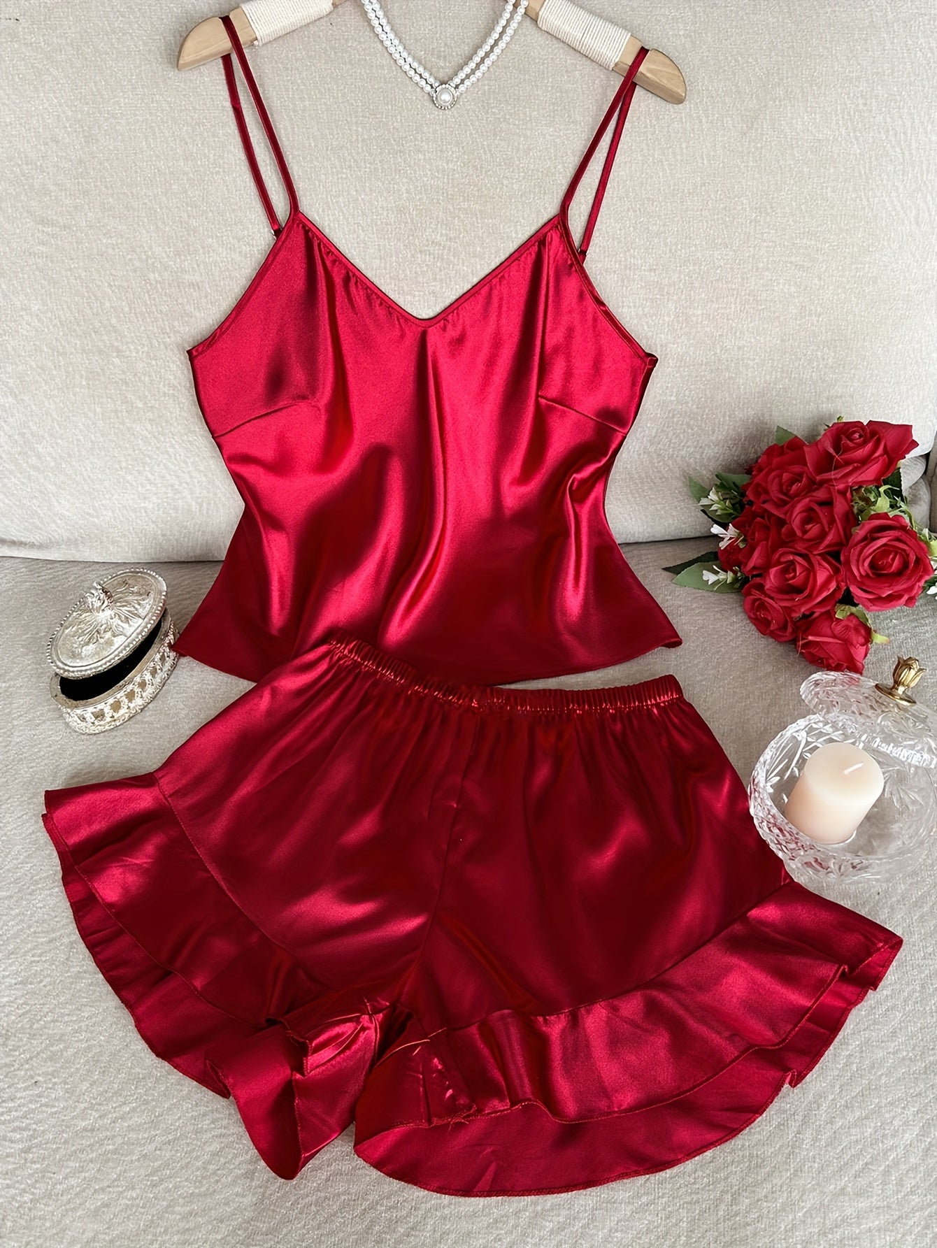Plus Size Satin Camisole with Ruffled Shorts Sleepwear Set for Women