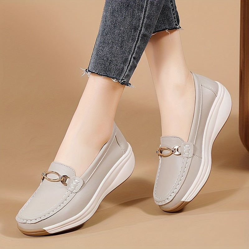 Women's Beige Slip-On Loafers with Non-Slip Sole and Decorative Buckle