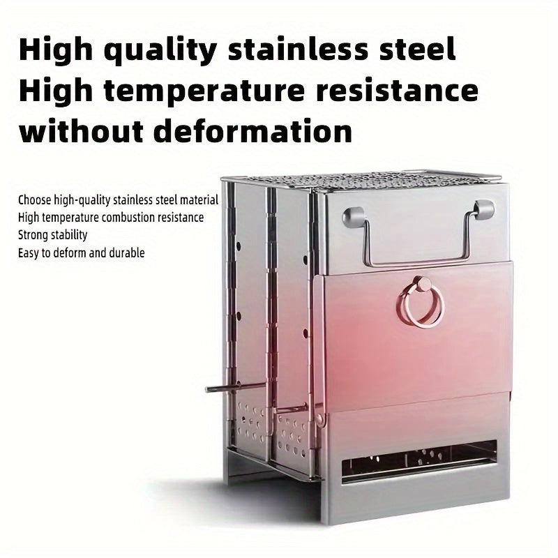 Saqlash sumkasi bilan portativ zanglamaydigan po'latdan yasalgan tashqi pech, pikniklar, BBQlar va tabiatda sayohatlar uchun yig'iladigan va chirishga qarshi. Ko'p maqsadli foydalanish uchun bardoshli konstruktsiya.