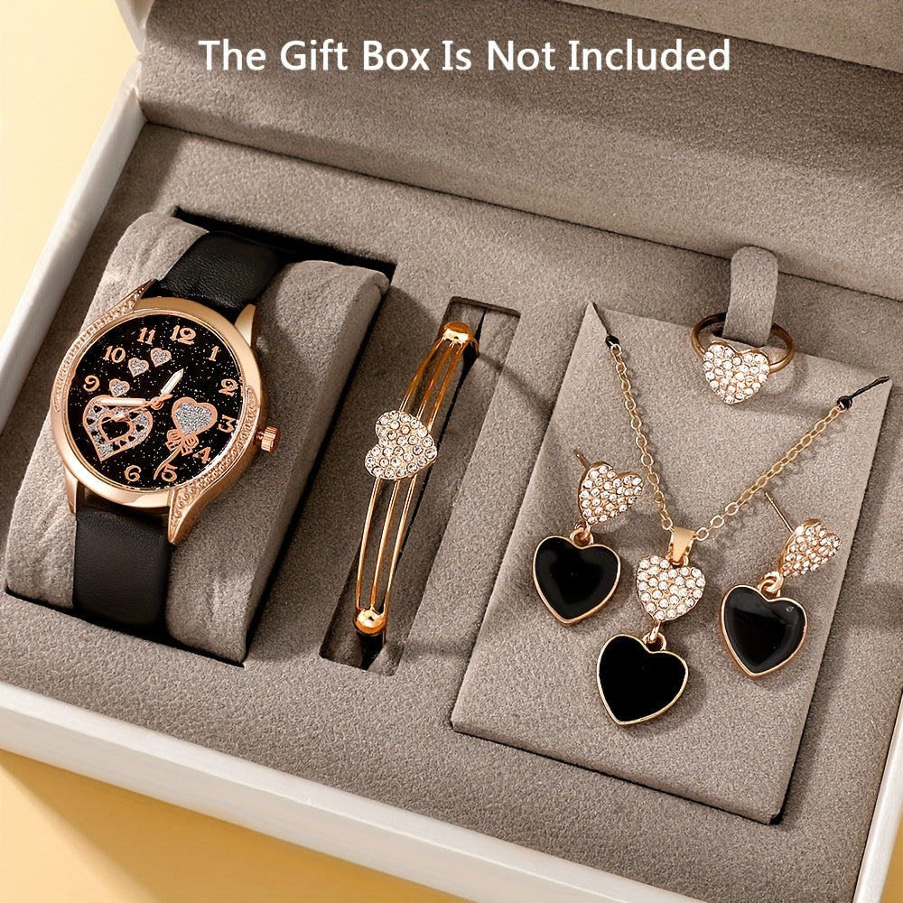 6 ta ayollar uchun qora PU charm, rhinestone zargarlik va opp sumkali moda kvarts soat to'plami