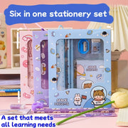 Cartoon Handheld Stationery Set for Students with 2 Pencils Ruler Eraser Notebook in 4 Colors