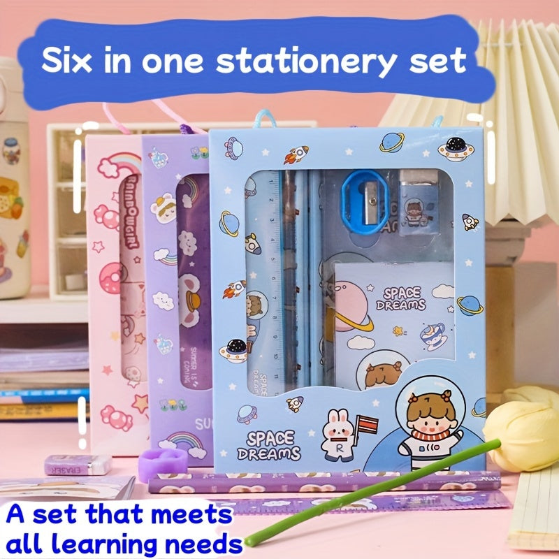Cartoon Handheld Stationery Set for Students with 2 Pencils Ruler Eraser Notebook in 4 Colors