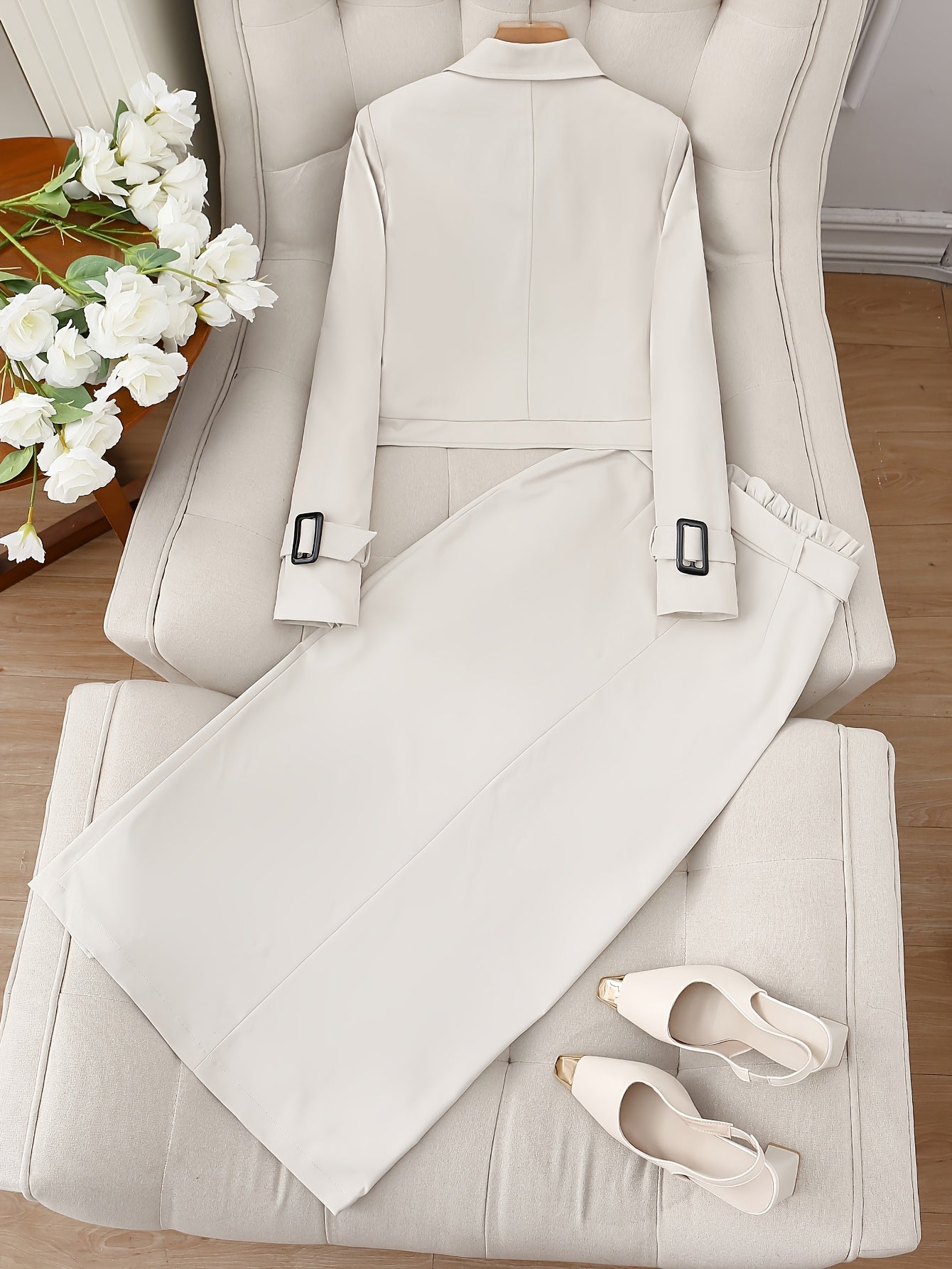 Conjunto de ropa de trabajo para mujer con chaqueta de manga larga y falda con abertura en poliéster