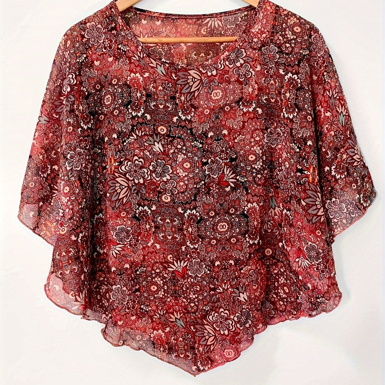 Floral Print Asymmetrical Blouse for Women Sheer Sleeves Sun Protection Beachwear