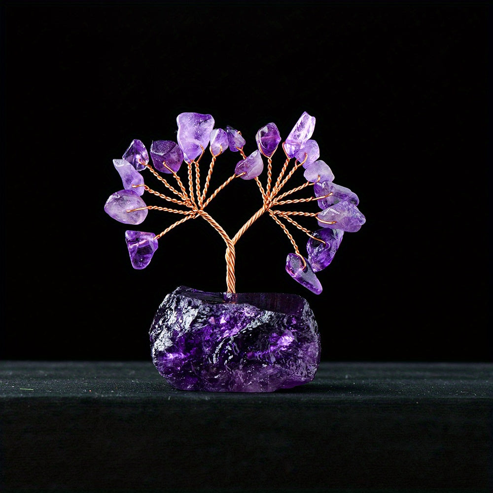 Small Natural Gemstone Crystal Lucky Tree on Raw Stone Base for Home Decor