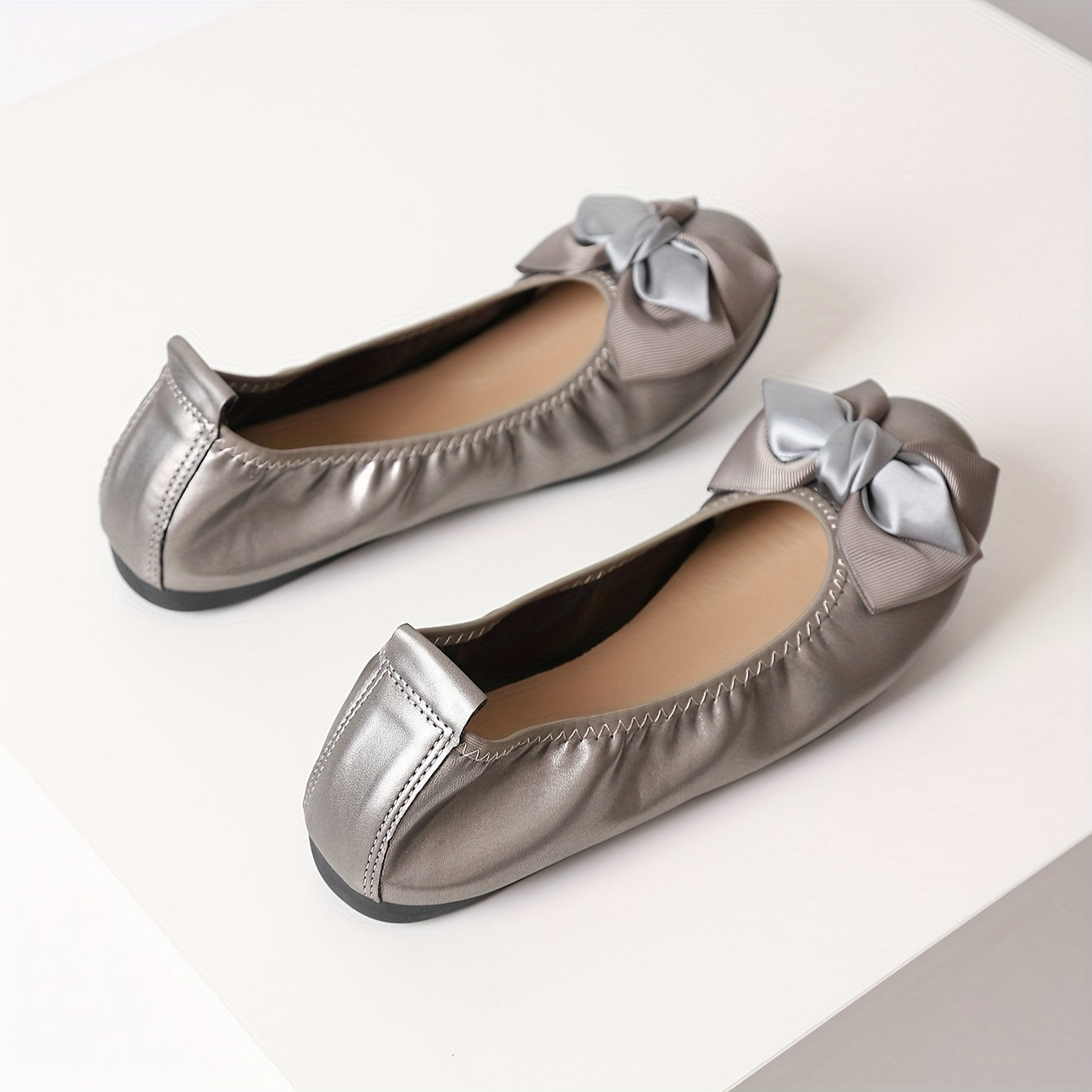 Women's Ballet Flats with Bow Detail Light Gray Slip-On Shoes All-Season