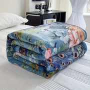 Luxurious Peacock and Floral Coral Fleece Throw Blanket Thick Milk Velvet Cozy Nap Office Use Year-Round Warmth