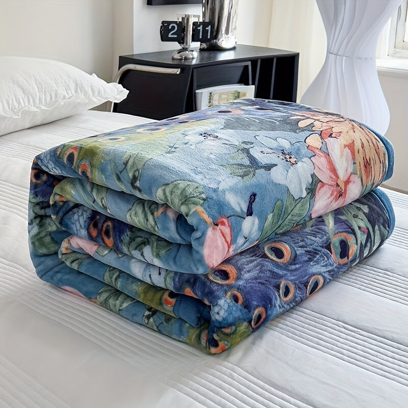 Luxurious Peacock and Floral Coral Fleece Throw Blanket Thick Milk Velvet Cozy Nap Office Use Year-Round Warmth
