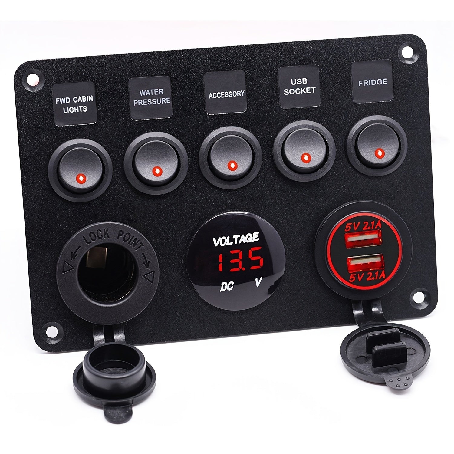 Multi-Function 5 Gang Rocker Switch Panel with USB Charger Volt and Fuse
