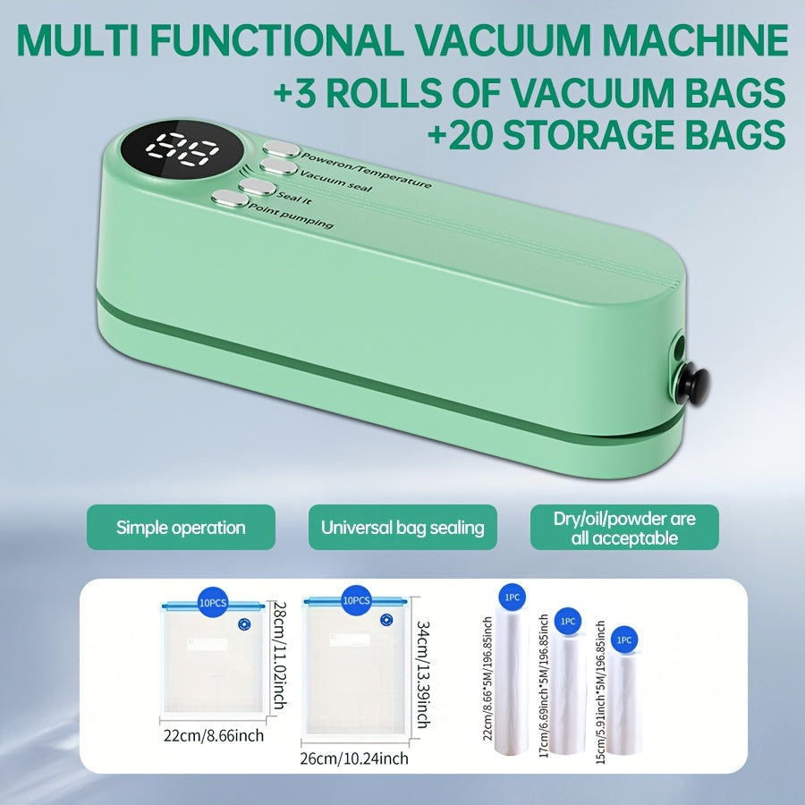 Kompakt JKUOO Portativ Oziq-ovqat Yopish Qurilmasi to'plami USB bilan qayta zaryadlanadigan, avtomatik atıştırmalık yopish tizimi bilan 20 ta fermuarlı sumka, 3 ta rulonli vakuum sumkalarini o'z ichiga oladi. Oshxona va tashqaridagi pikniklar uchun ideal.