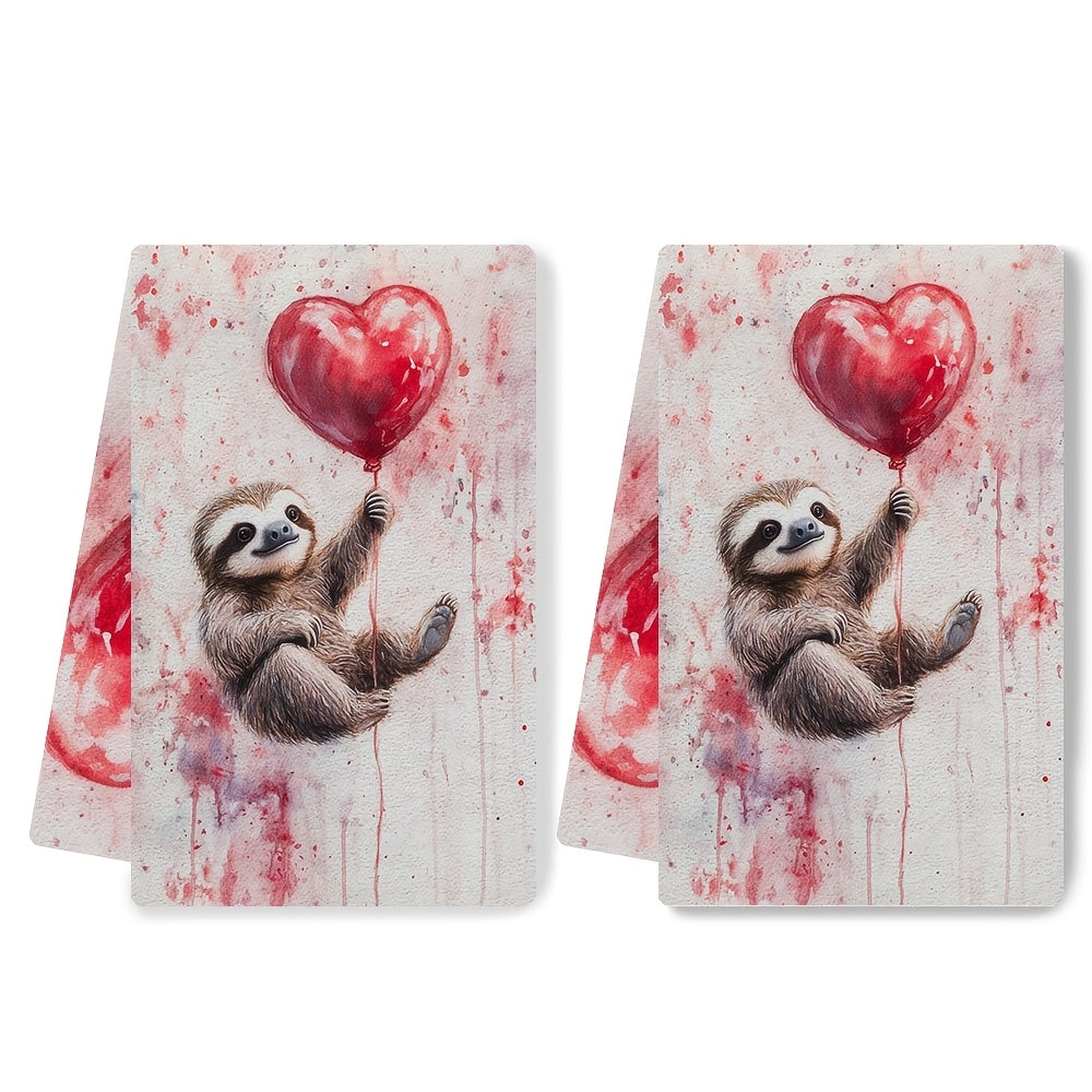 Set of 2 Ultra-Soft Absorbent Kitchen Towels Valentine’s Day Sloth Design 40x60 cm