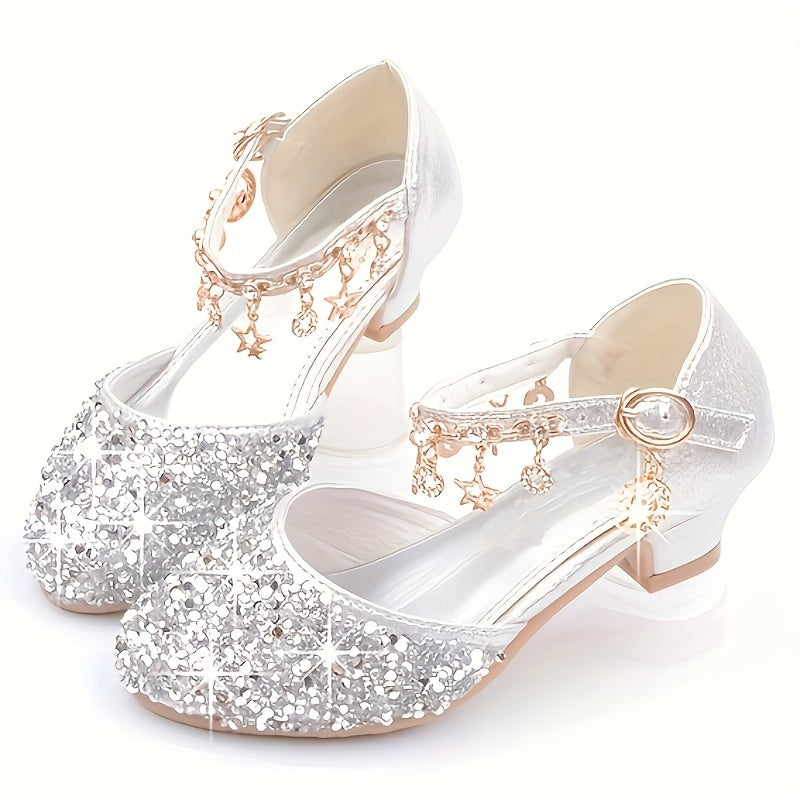 Girls High Heels Sparkling Glitter Sequin Rhinestone Star Dress Shoes for Weddings Performances