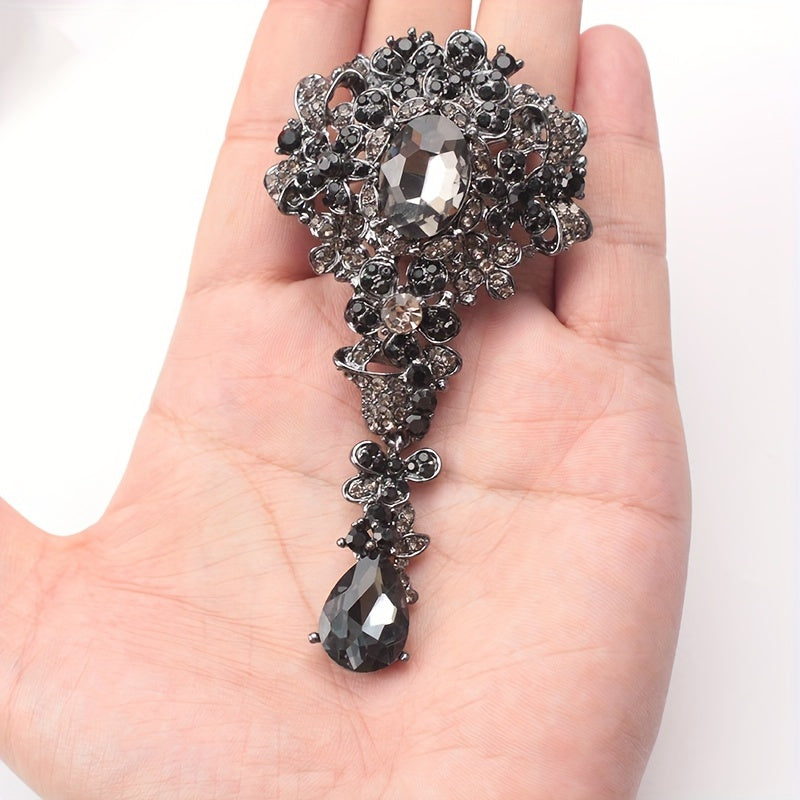 Vintage Rhodium-Plated Floral Water Drop Brooch Pin for Women