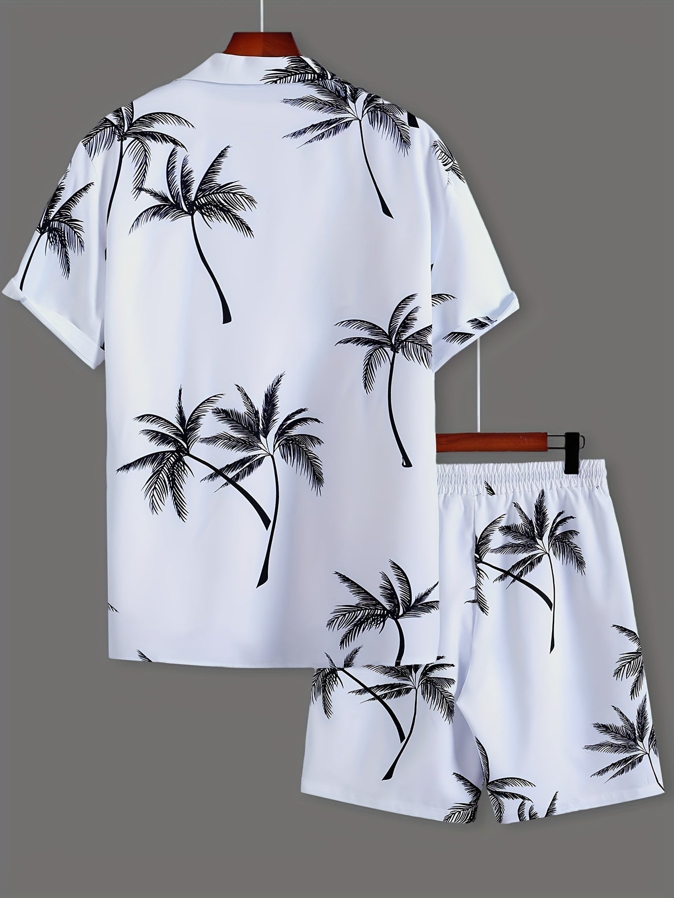 Conjunto de pijama de verano tropical con estampado de palmeras para hombre, camisa de manga corta de poliéster y pantalones cortos con cordón