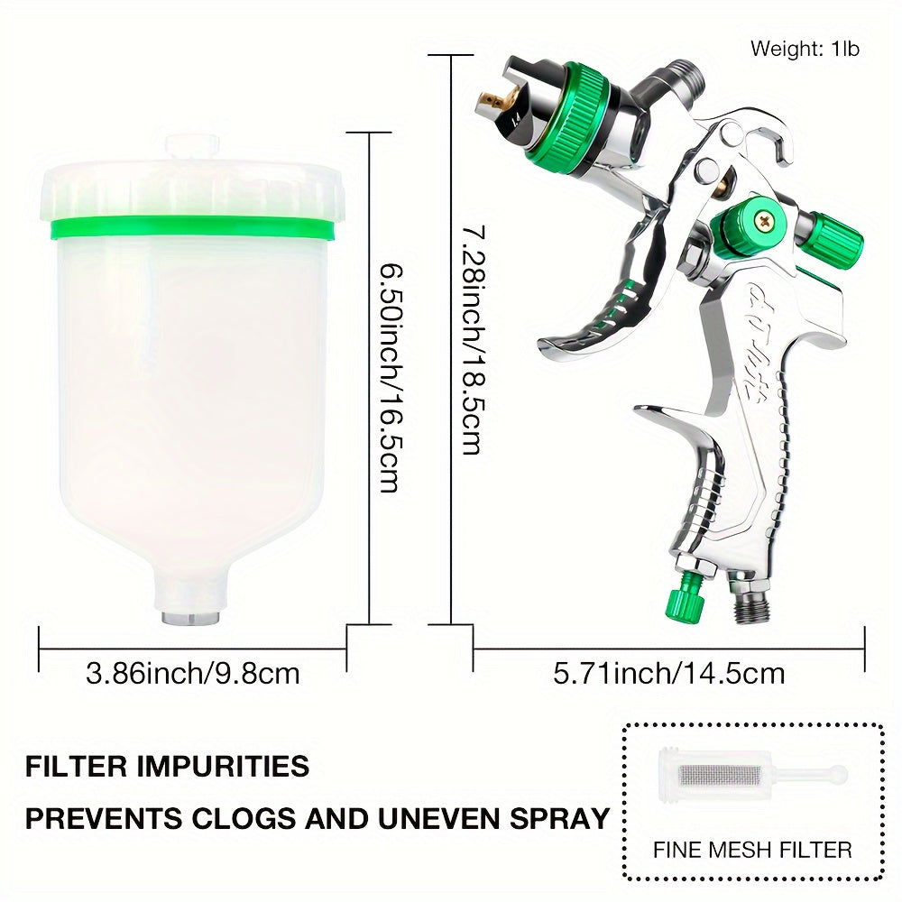 Green Stainless Steel HVLP Spray Gun with 1.4/1.7/2.0mm Nozzles and 600cc Cup