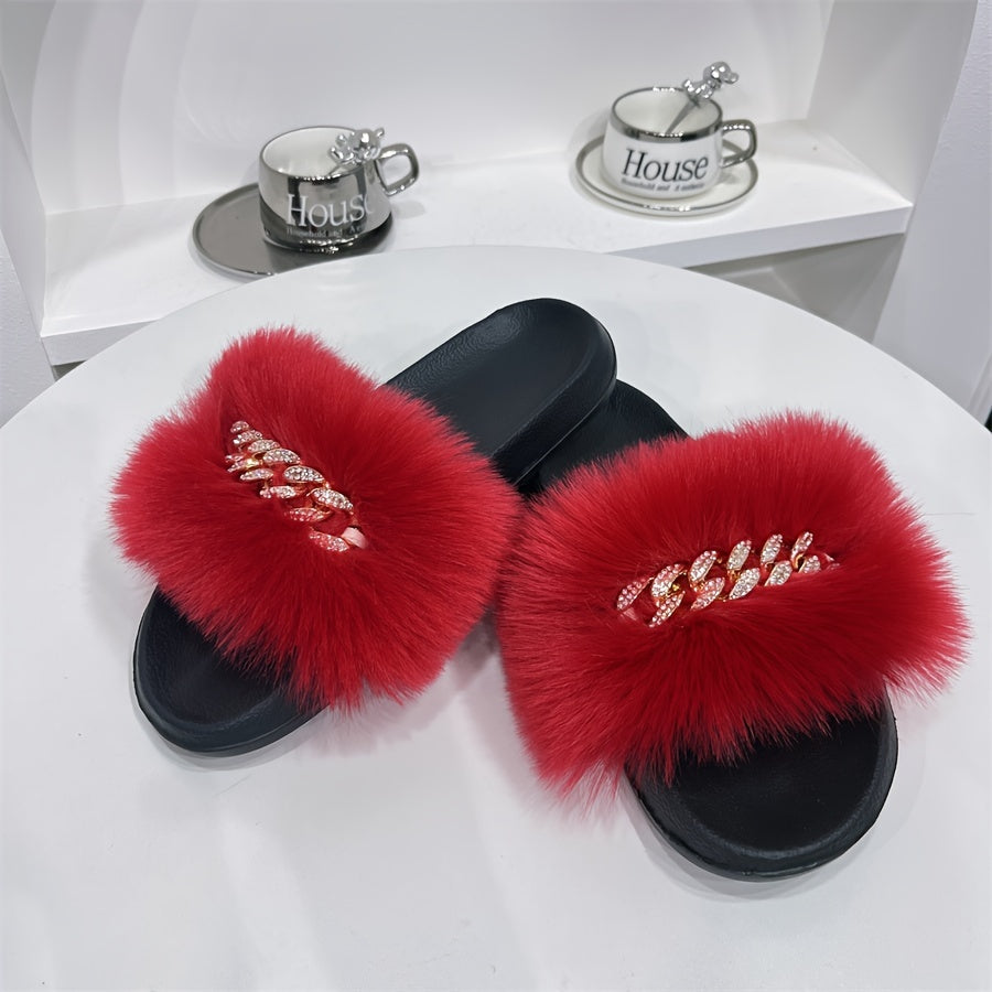 Women's Rhinestone Chain Flat Sandals Faux Fur Summer Casual Slides
