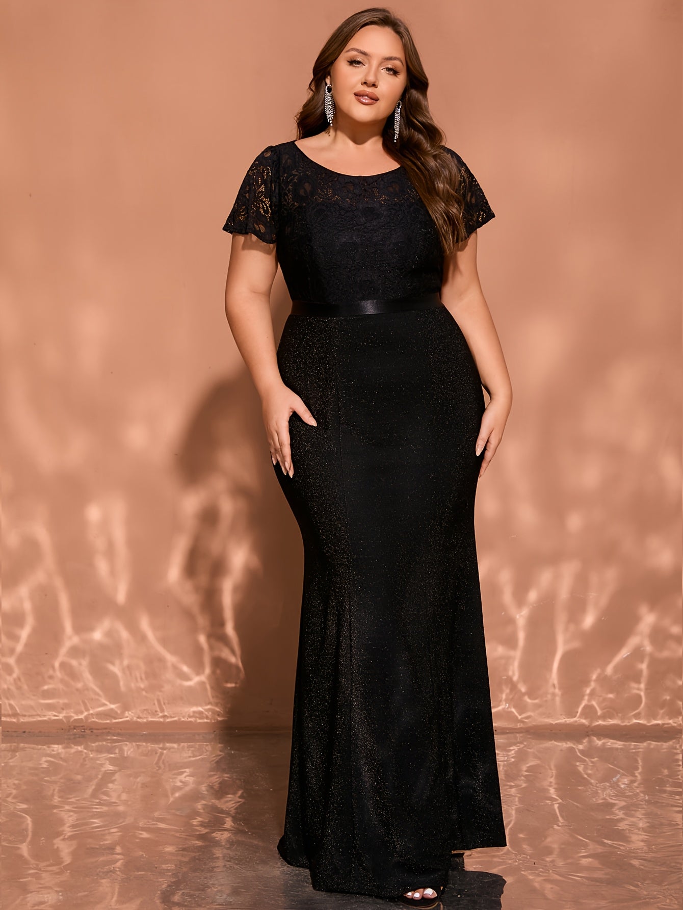 Plus Size Black Mermaid Maxi Dress Glittery Party Wedding Gown
