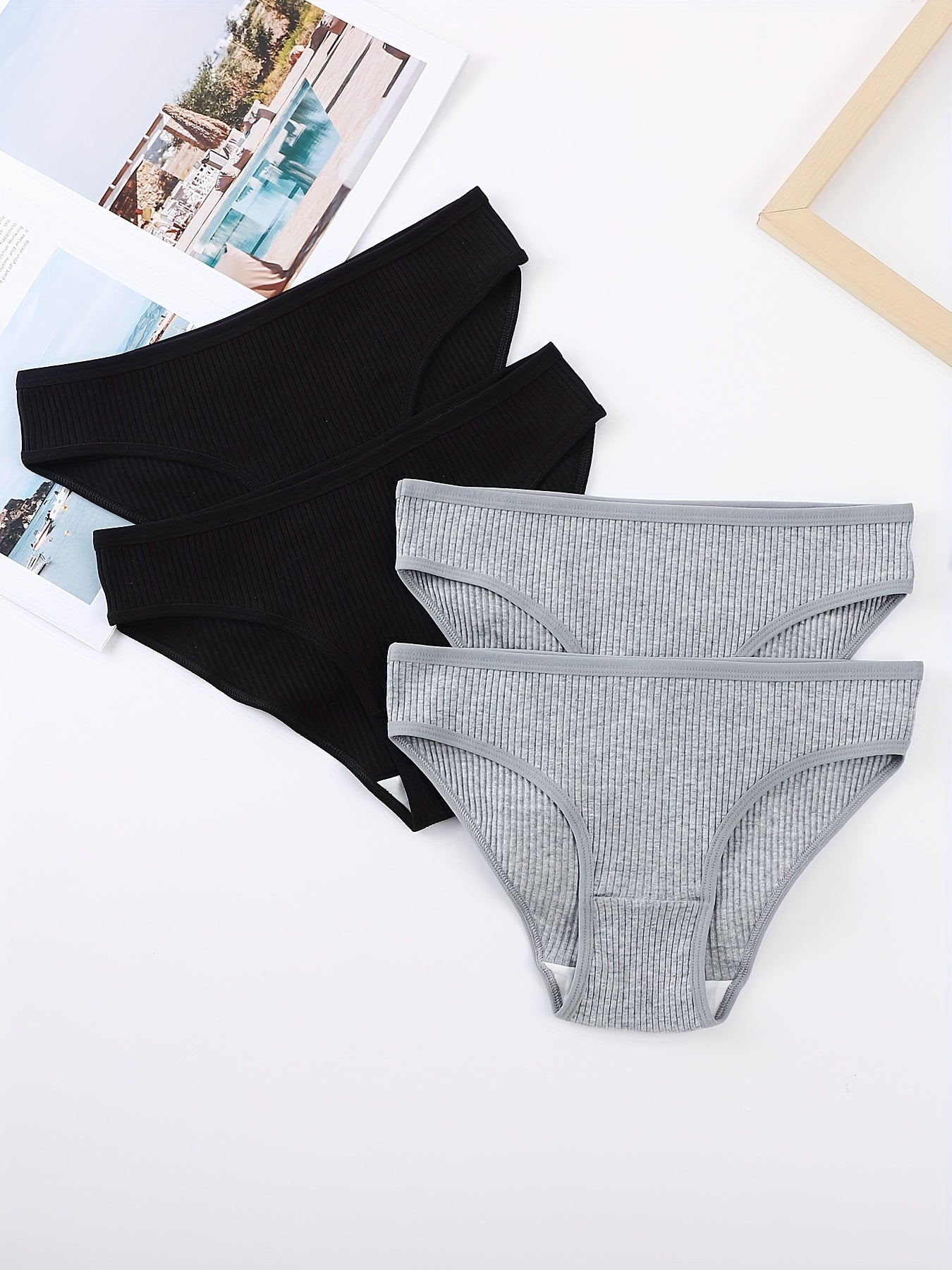 Set of 4 Women's Ribbed Cotton Briefs Comfortable Stretchy Lingerie Underwear