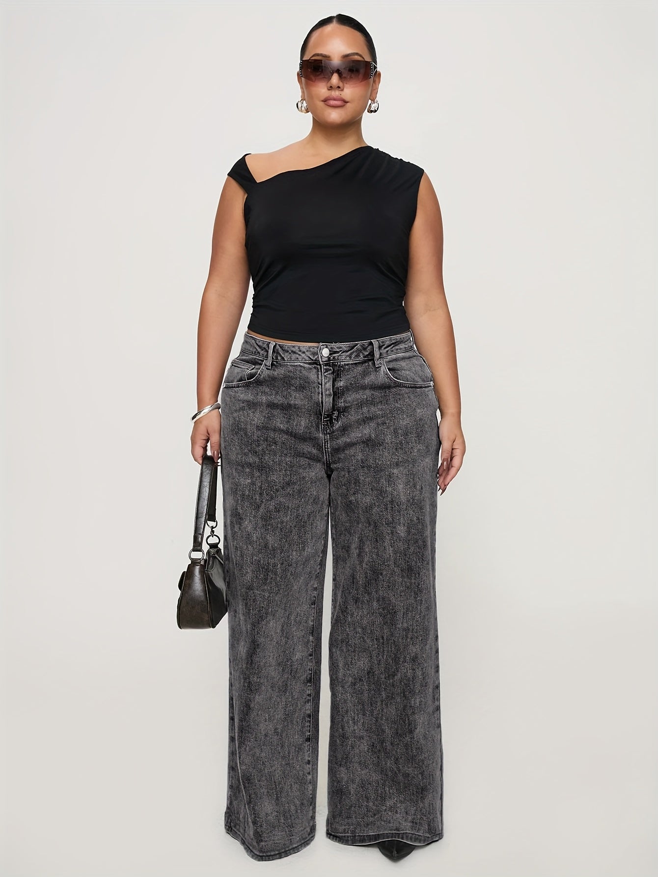 Women High Waist Stretch Denim Jeans Wide Leg Solid Color Casual