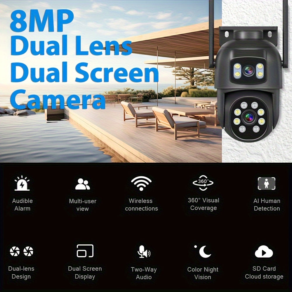 8MP Dual Camera Wi-Fi Outdoor Indoor Security Camera with Two-Way Audio Night Vision Motion Tracking Memory Card Support