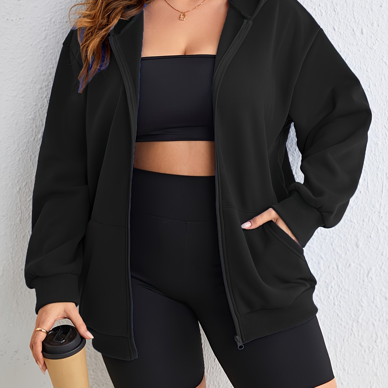 Women's Loose Fit Longline Hoodie Polyester Spandex Black Lounge Workout