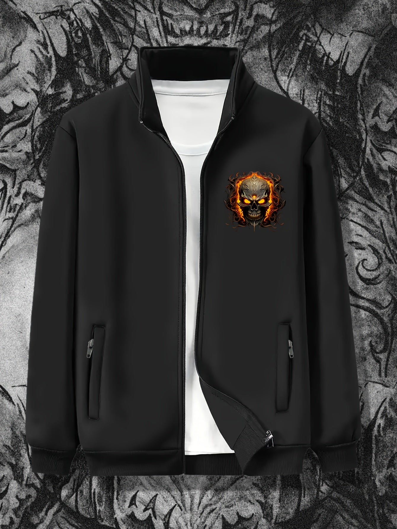 Мужская куртка с графическим принтом, воротником-бантом и молнией для полных мужчин на весну и осень