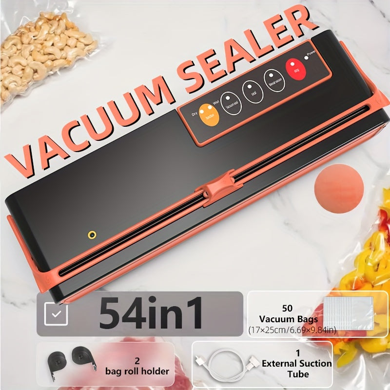 Orange and black vacuum sealer with cutter roll bag holder 50 pre-cut bags external suction tube food preservation sous vide bulk storage