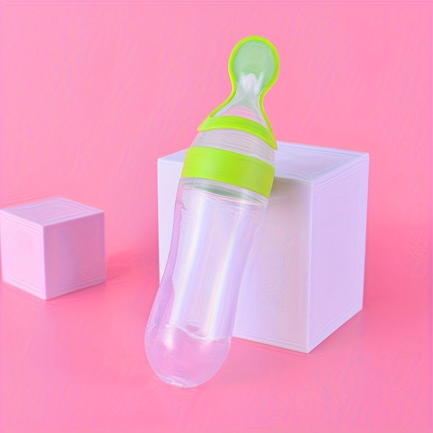 Silicone Baby Feeding Bottle with Spoon for Food and Medicine Dispensing 0+ Blue Green Pink
