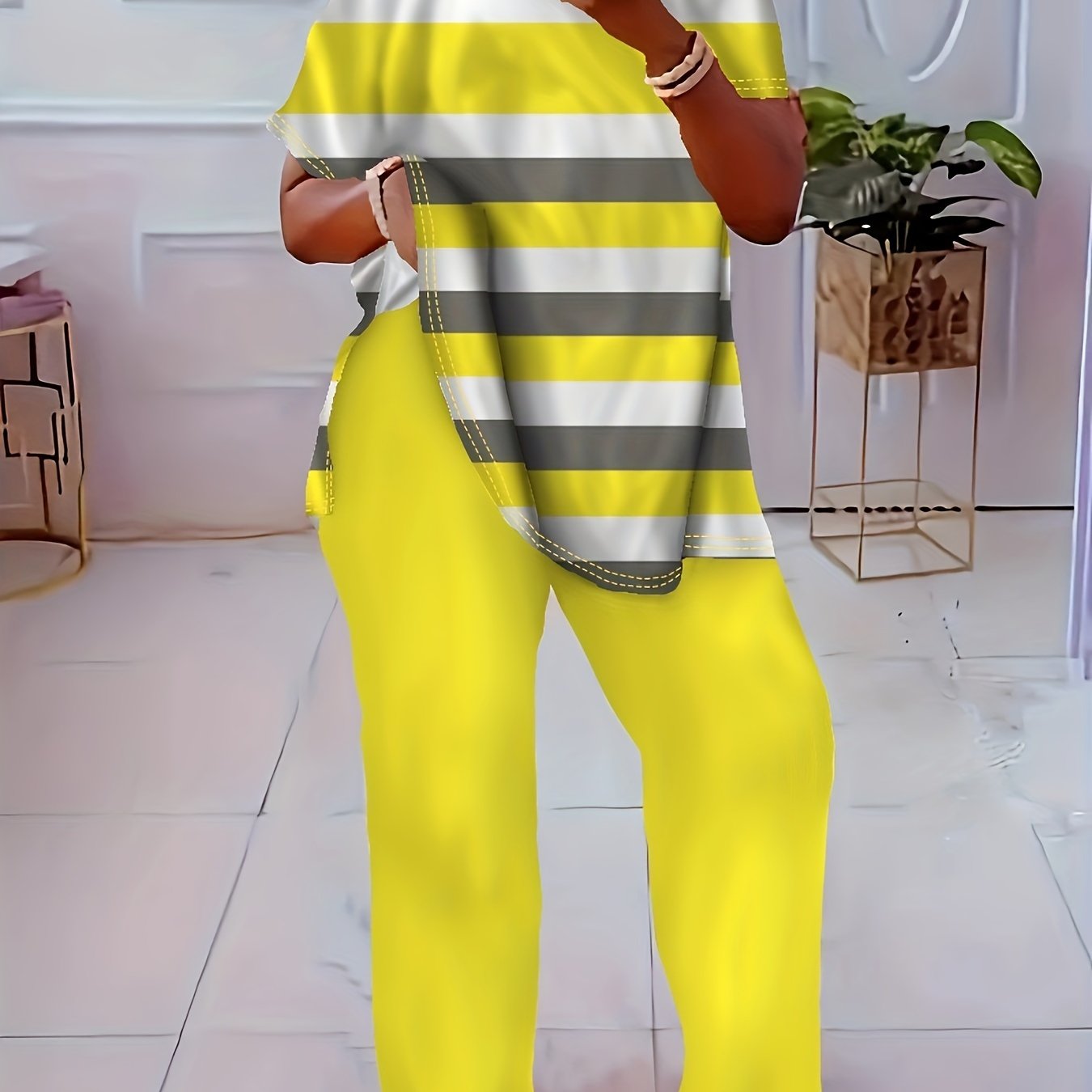 Plus Size Striped Co-ord Set Polyester Knit Crew Neck Straight Leg Casual