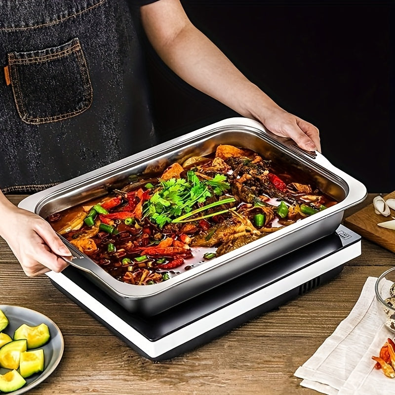 Katta rostlangan po'latdan yasalgan havo frayeri uchun plastinka, shisha qopqog' bilan, grill baliq, dengiz mahsulotlari va qovurilgan taomlar uchun