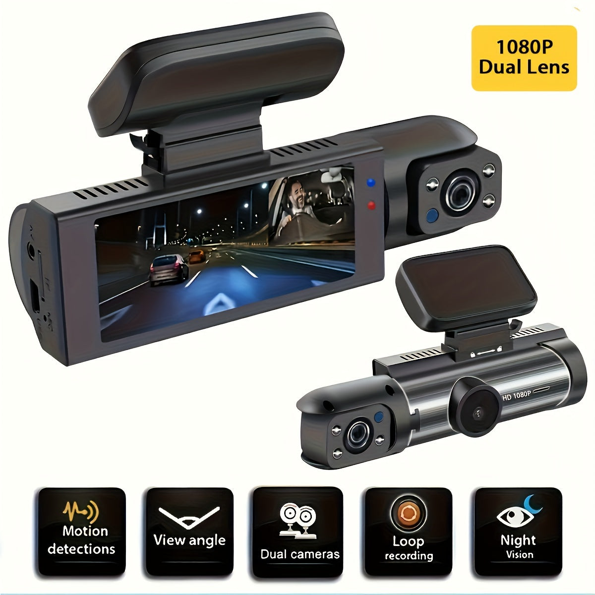 Car Dash Cam Front and Inside 1080P Night Vision Loop Recorder Wide Angle