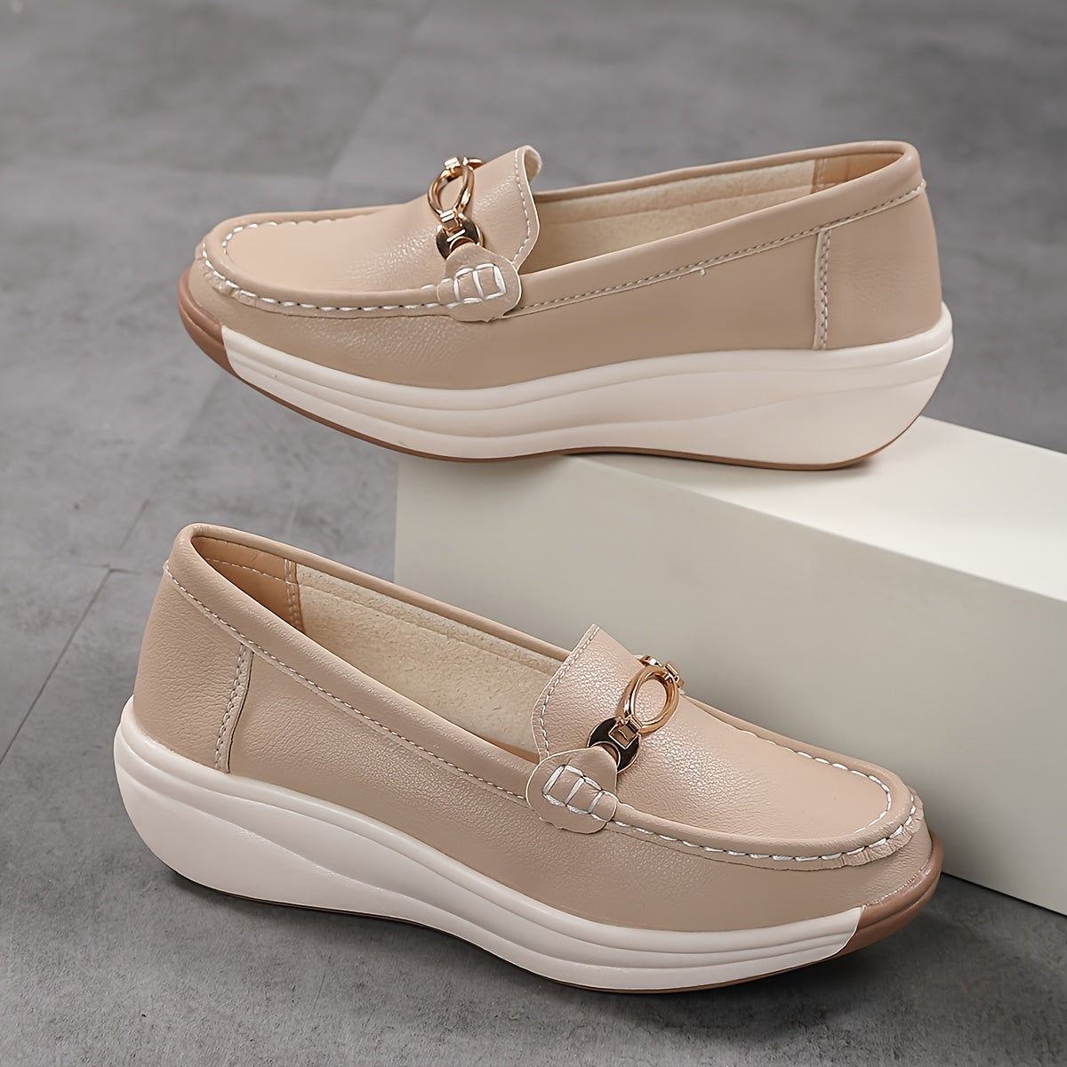 Women's Faux Leather French-Style Loafers with Metallic Buckle Beige