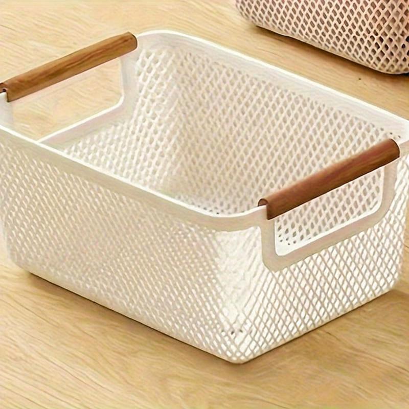 Rectangular Storage Basket with Wooden Handles, Multi-Compartment, Versatile Use for Bathroom Kitchen Bedroom Office Outdoors