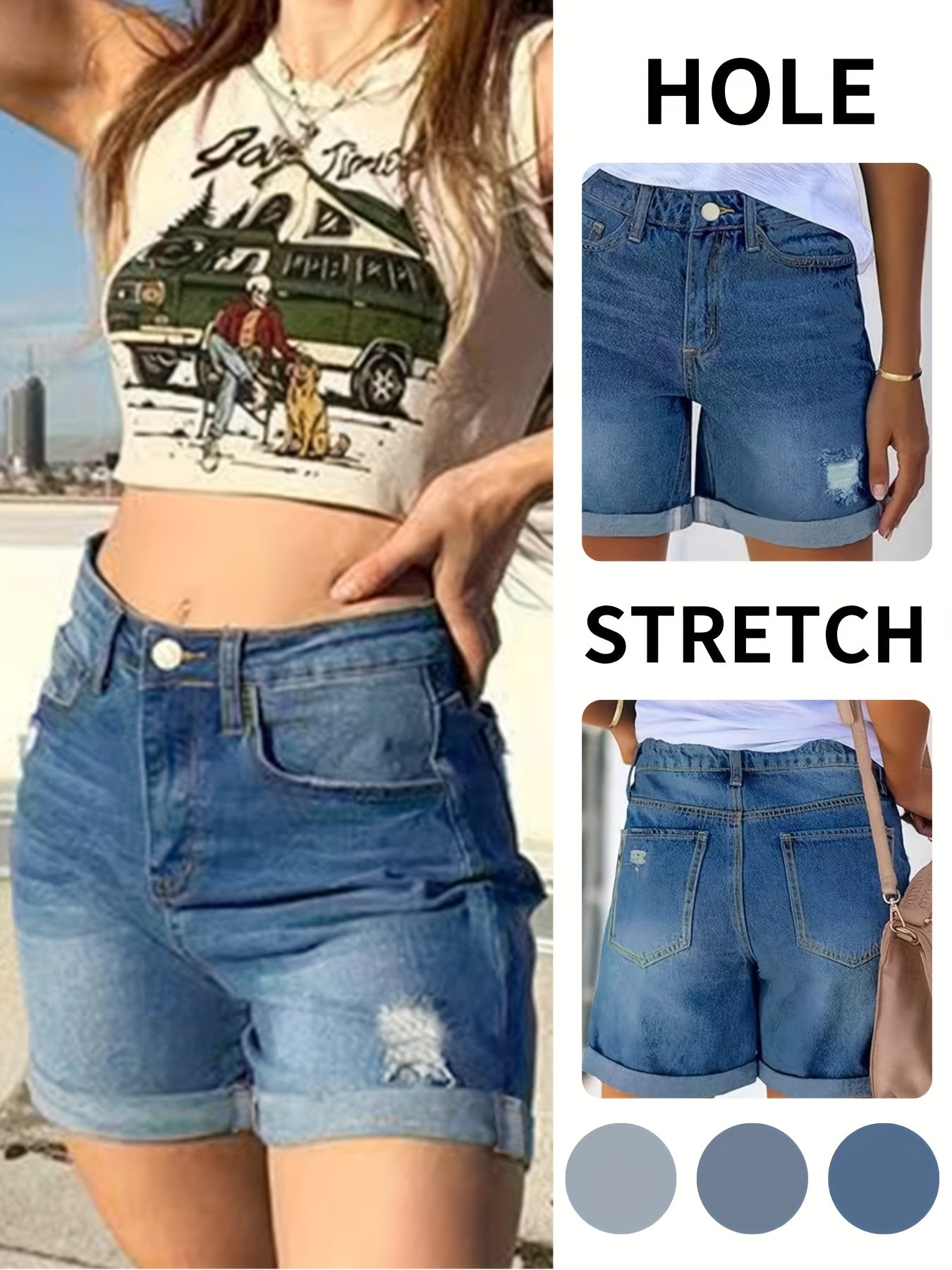 Plus-Size Women's Denim Shorts Ripped Curled Hem Blue Slim-Fit
