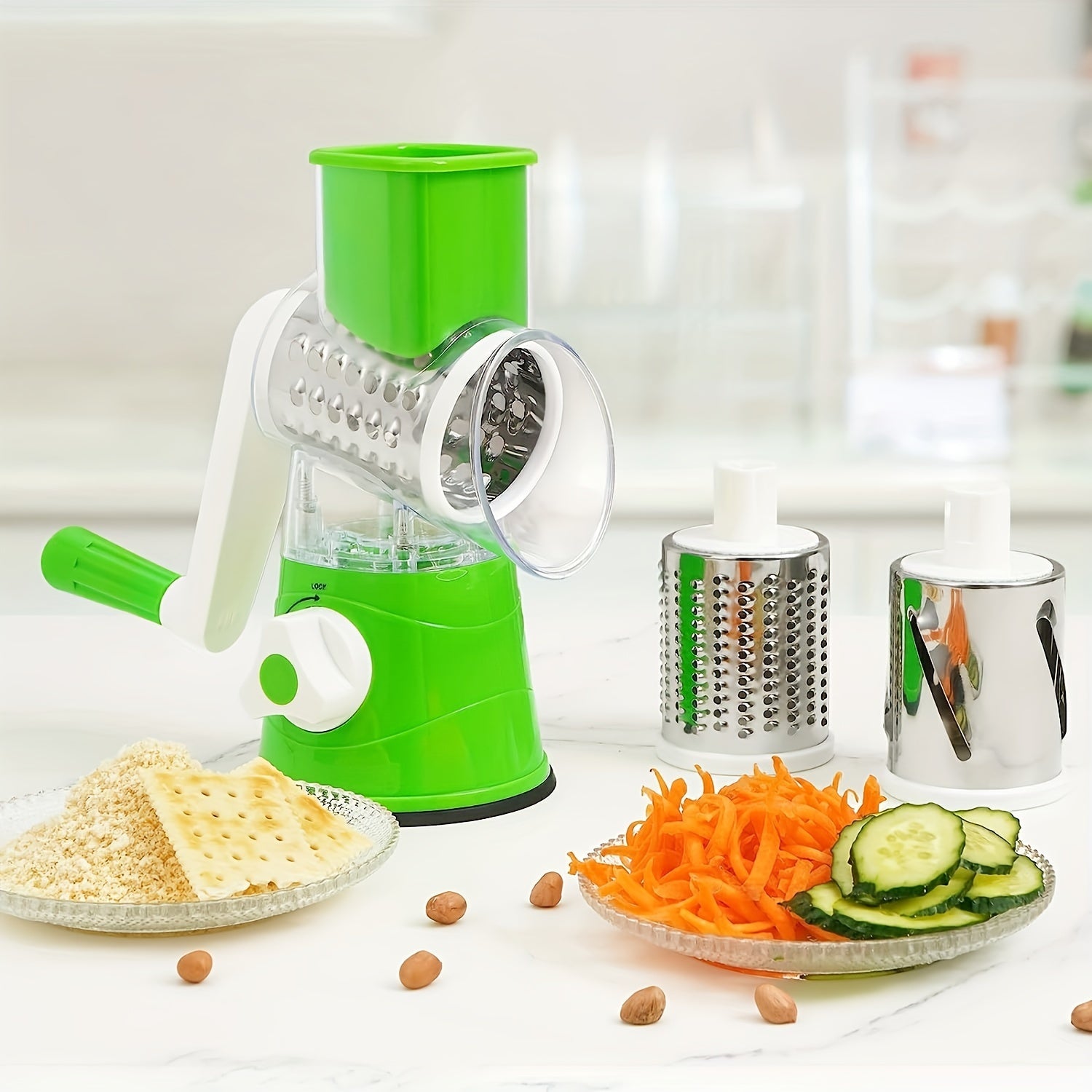 Three-in-One Cheese Grater Set with Interchangeable Drums, Non-Slip Base