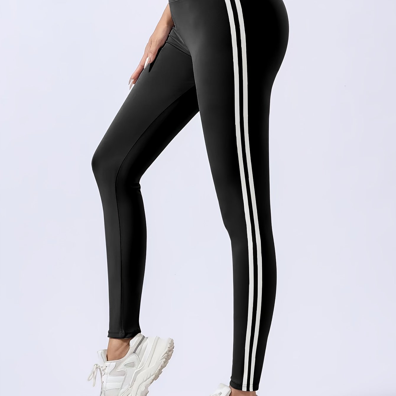 Women's Black High-Waist Leggings with White Side Stripes Tummy Control Butt Lift Breathable Fabric