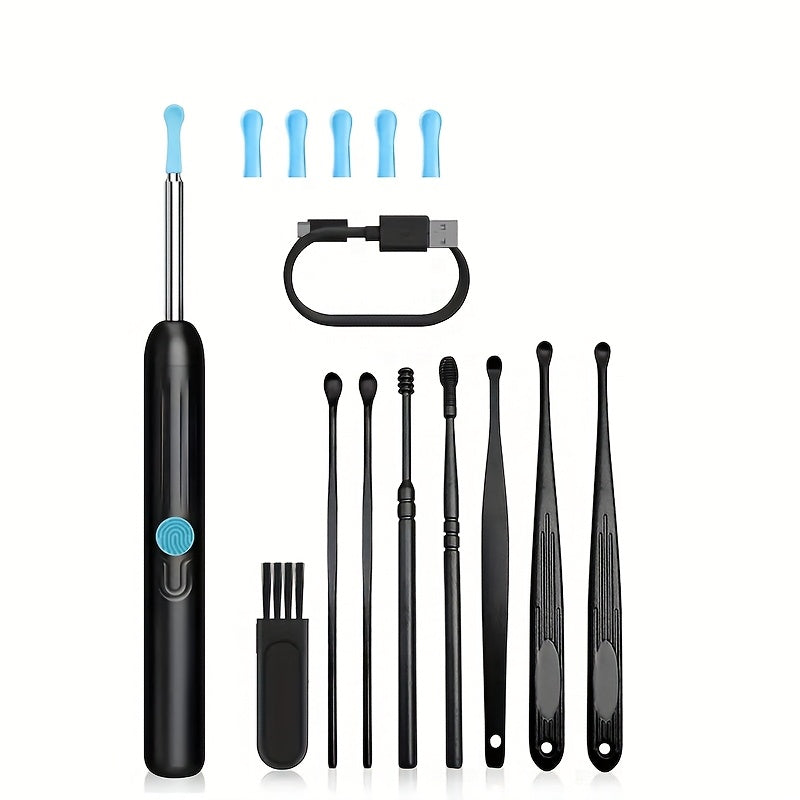 USB zaryadlash bilan qayta zaryadlanuvchi LED quloq mumini olib tashlash to'plami, vizual quloq tozalash vositasi, bir nechta ucliklar va tozalash cho'tkalari o'z ichiga oladi.