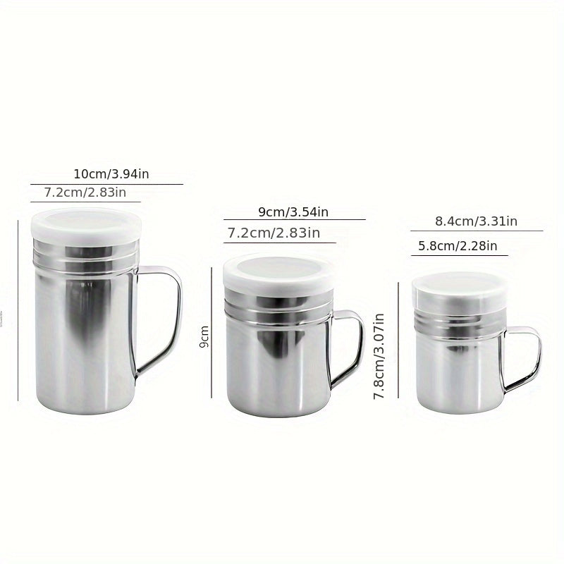 Ko'p maqsadli zanglamas po'latdan yasalgan ziravorlar idishi, tutqichi va qopqog'i bilan, uylar, kafelar va restoranlarda shakar, dolchin, murch, tuz va ziravorlarni saqlash uchun mukammal.