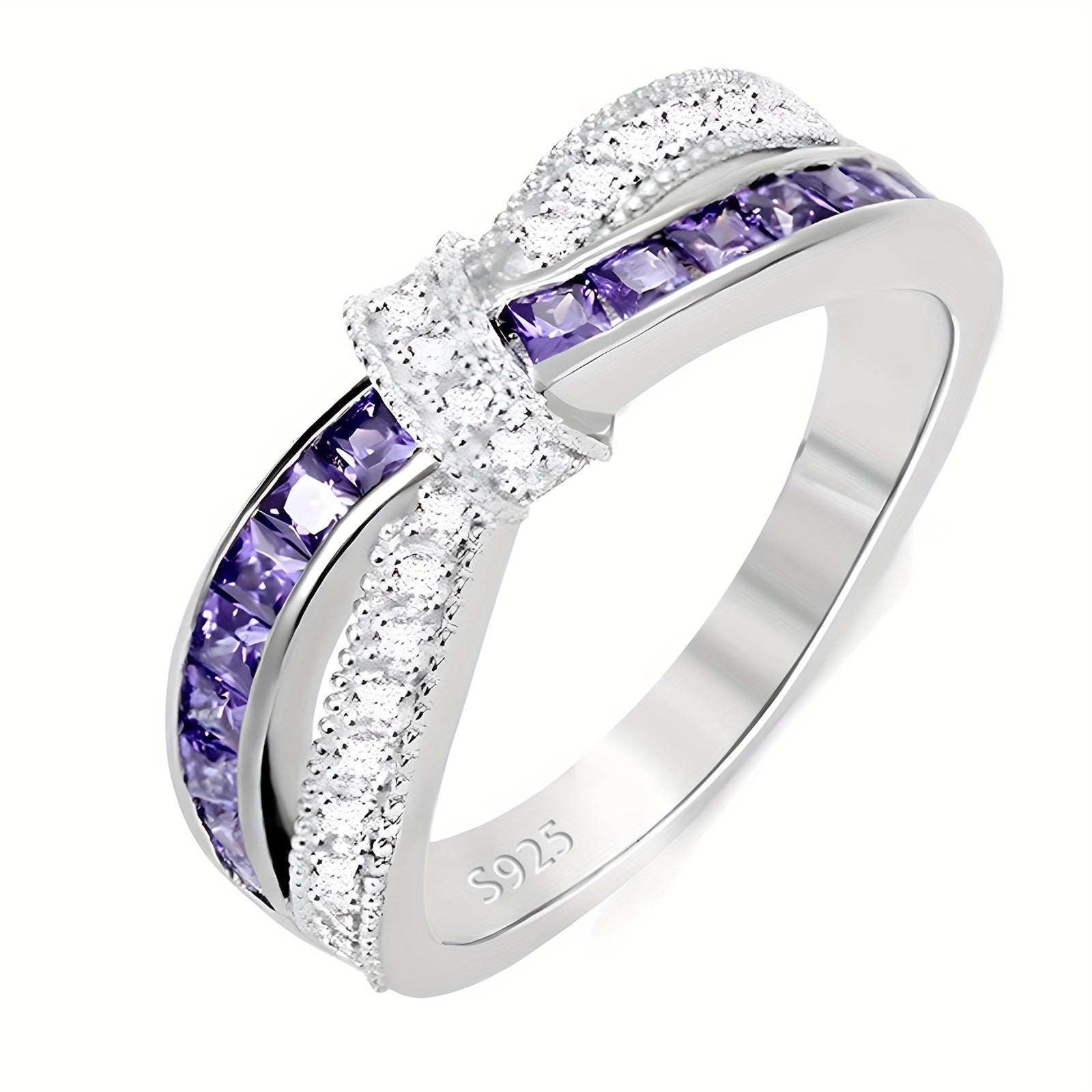 Sterling Silver Cross Bow Ring with Purple Zirconia and Colorful Stones