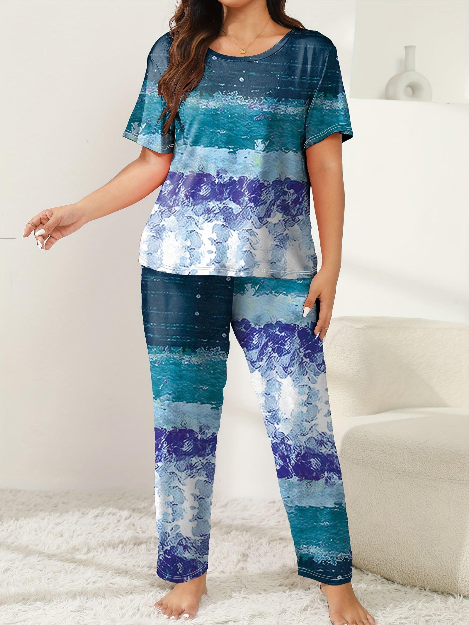 Women's Plus Size Lounge Pajama Set Short Sleeve Crew Neck Painting Print