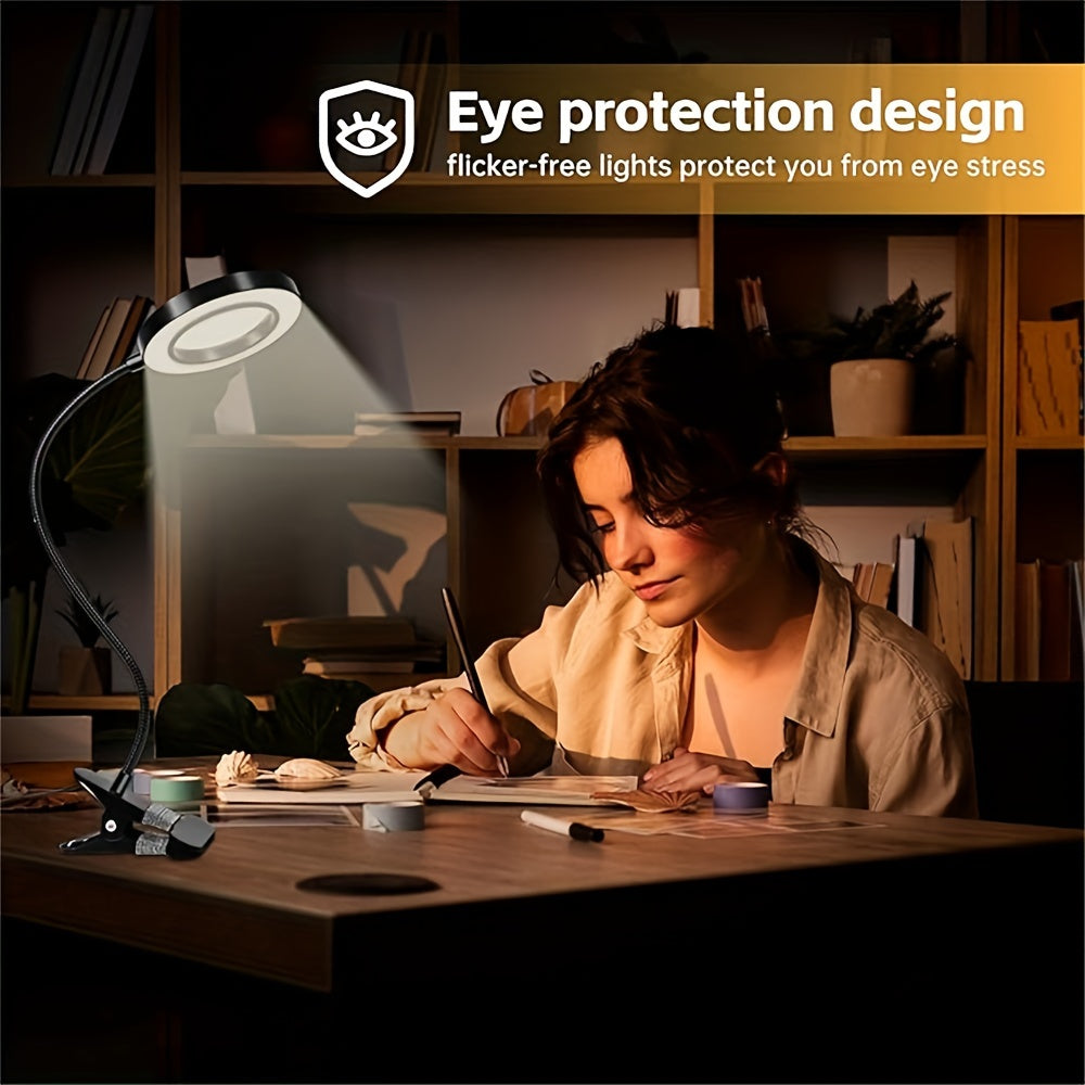 LED Desk Lamp with Magnifying Mirror Dimmable Clip-On Light for Reading and Office