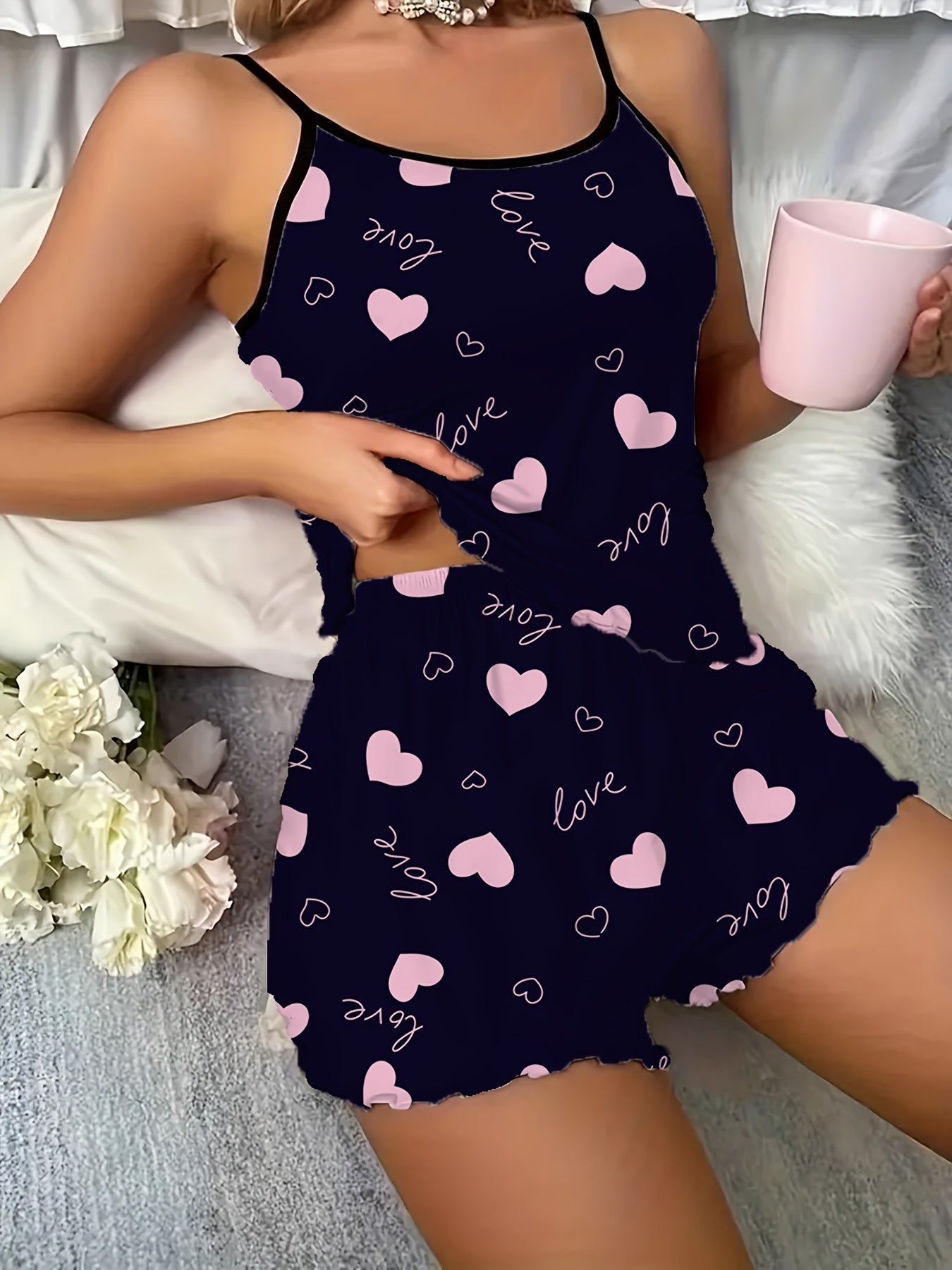Women's Polyester Pajama Set with Love Heart Print Spaghetti Strap Shorts for All Seasons
