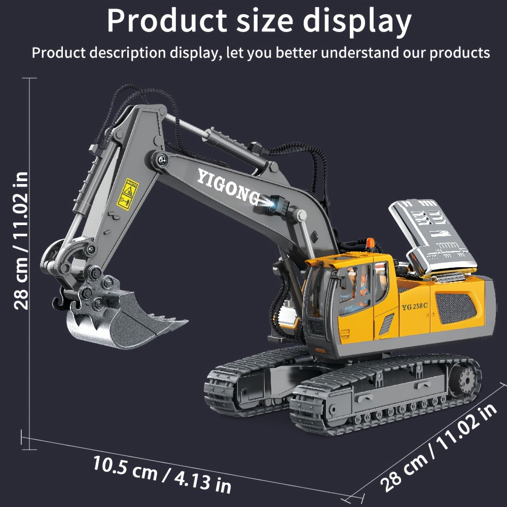 Excavadora control remoto de 2.4Ghz amarilla con efectos de iluminación, construcción de aleación, recargable por USB, para múltiples terrenos