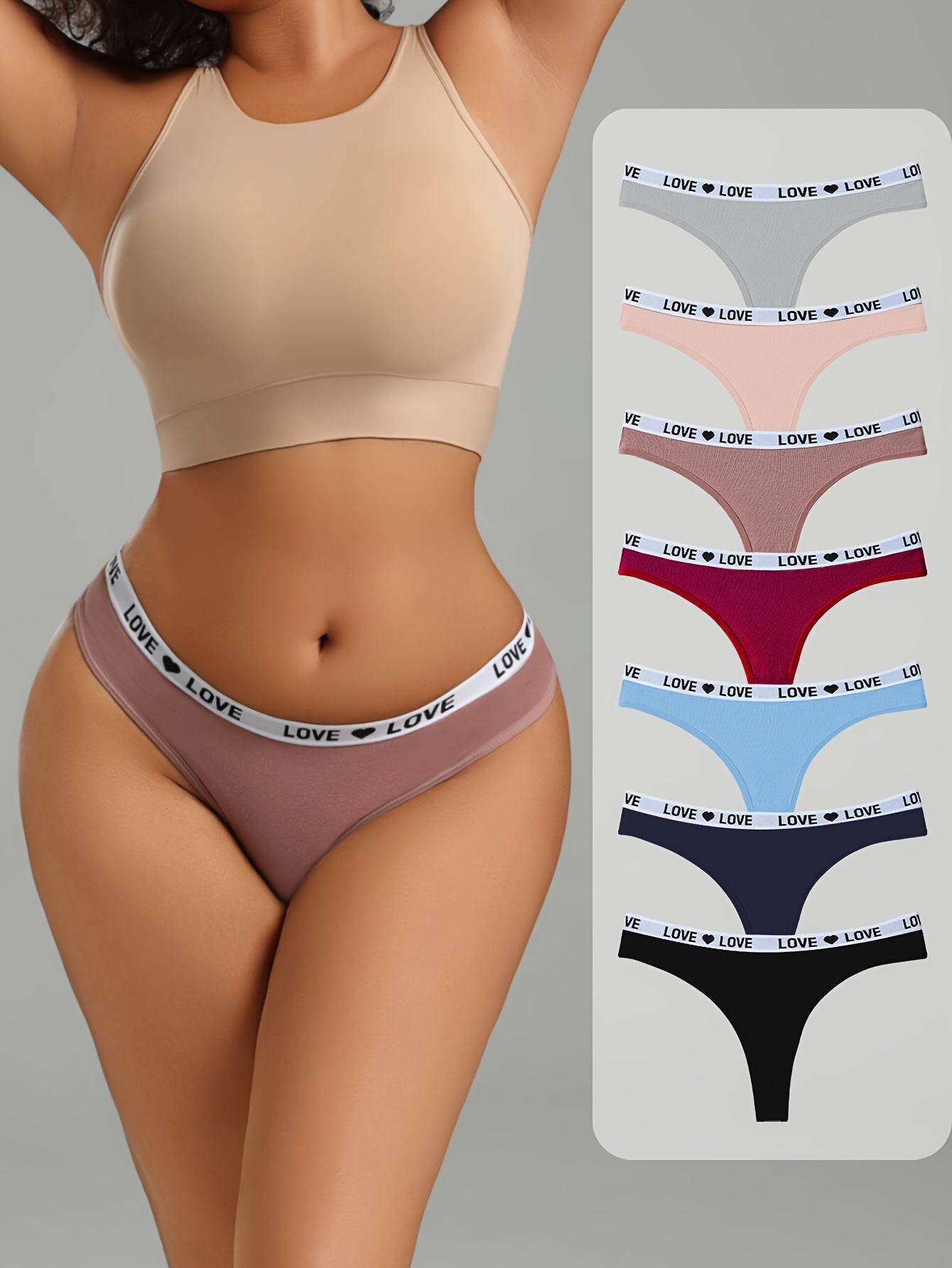 Women’s Solid Color Knit Fabric Thong Panties Set of 7 with Drop Waist and Elastane